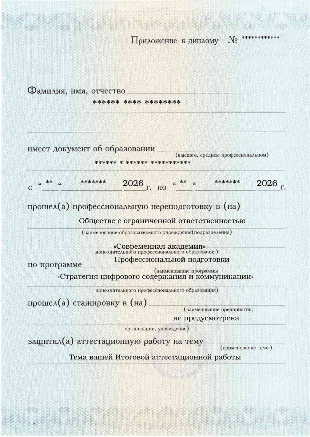 Образец приложения лицевая сторона (аттестационная работа) по программе Стратегия цифрового содержания и коммуникации