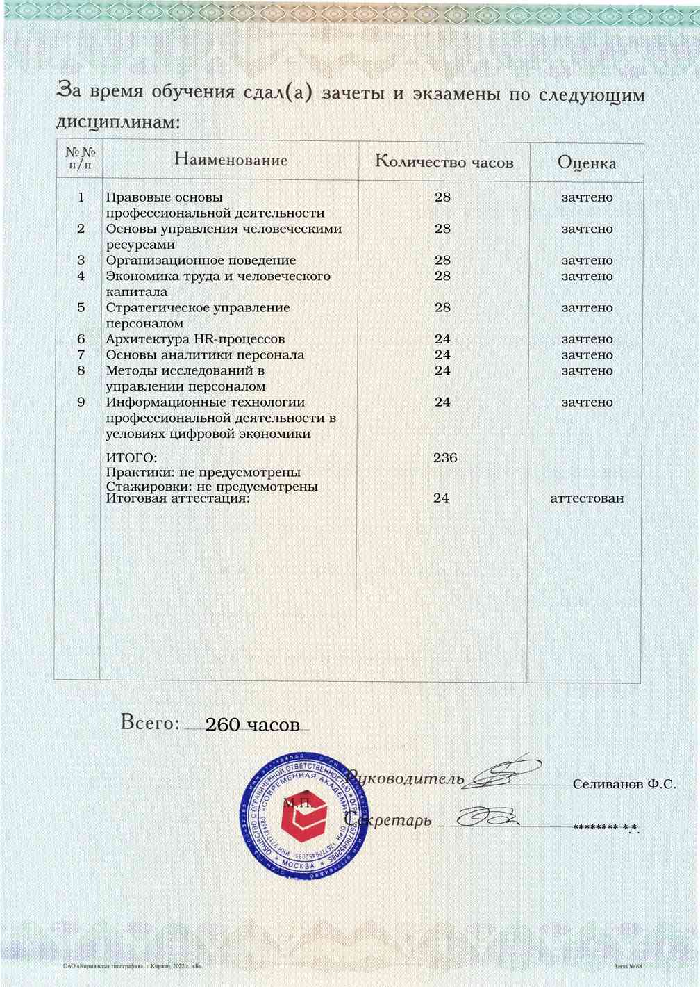 Образец приложения оборотная сторона (аттестационная работа) по программе Аналитика персонала и управление талантами