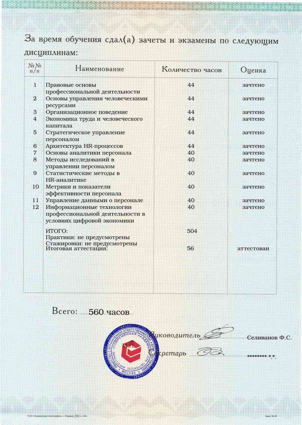 Образец приложения оборотная сторона (аттестационная работа) по программе Аналитика персонала и управление талантами