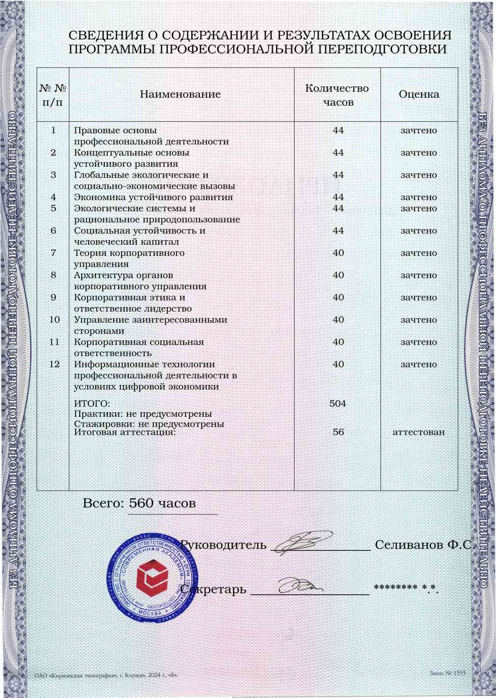Образец приложения оборотная сторона (итоговое тестирование) по программе Устойчивое развитие и корпоративное управление