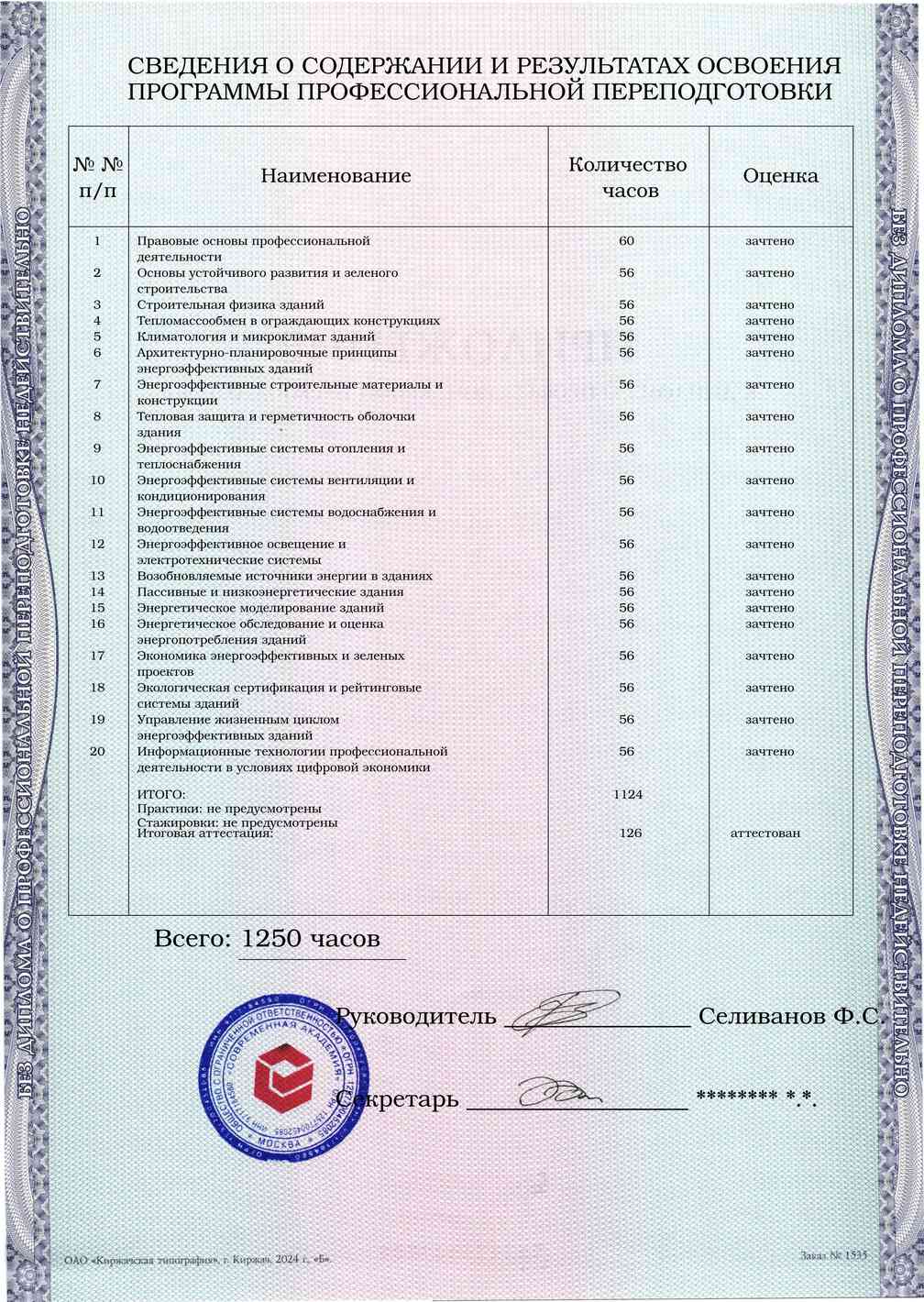 Образец приложения оборотная сторона (итоговое тестирование) по программе Энергоэффективность зданий и зеленое строительство