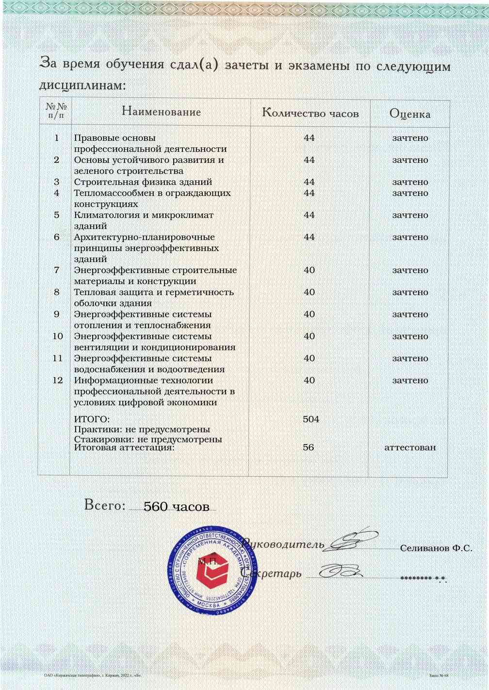 Образец приложения оборотная сторона (аттестационная работа) по программе Энергоэффективность зданий и зеленое строительство