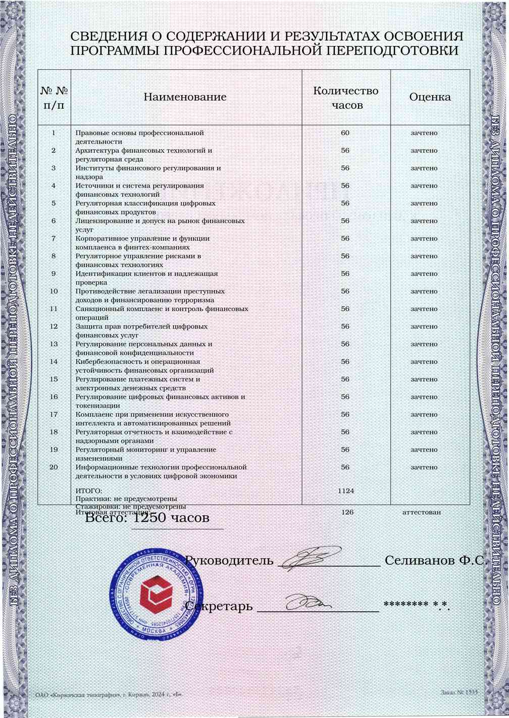 Образец приложения оборотная сторона (итоговое тестирование) по программе Регуляторное соответствие в финансовых технологиях