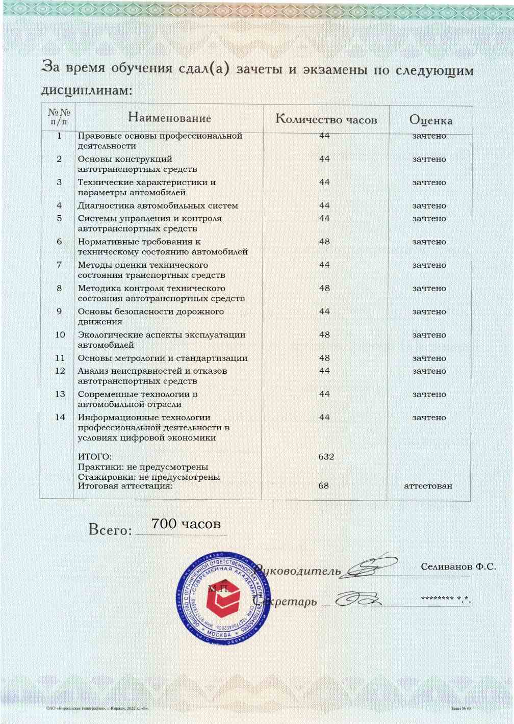Образец приложения оборотная сторона (аттестационная работа) по программе Контролер технического состояния автотранспортных средств