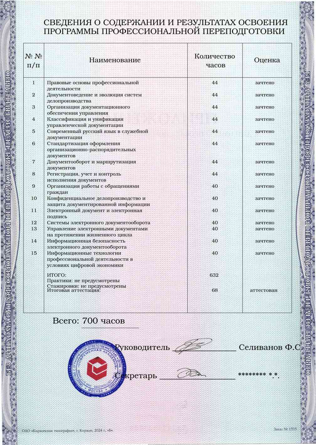 Образец приложения оборотная сторона (итоговое тестирование) по программе Электронный документооборот и архивное дело