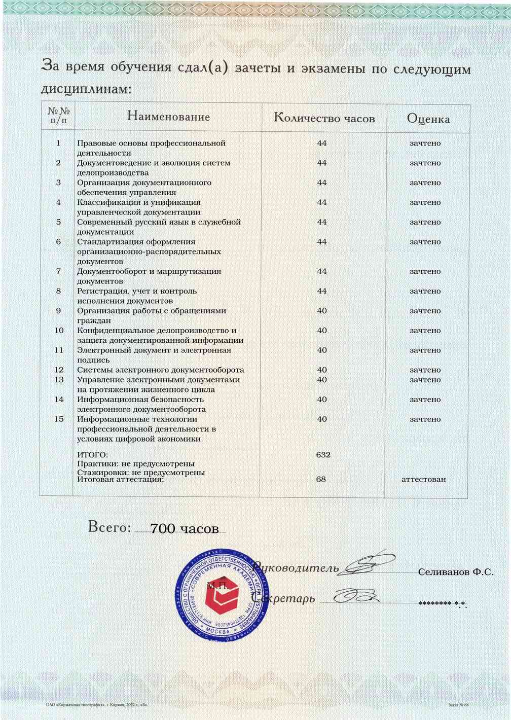 Образец приложения оборотная сторона (аттестационная работа) по программе Электронный документооборот и архивное дело
