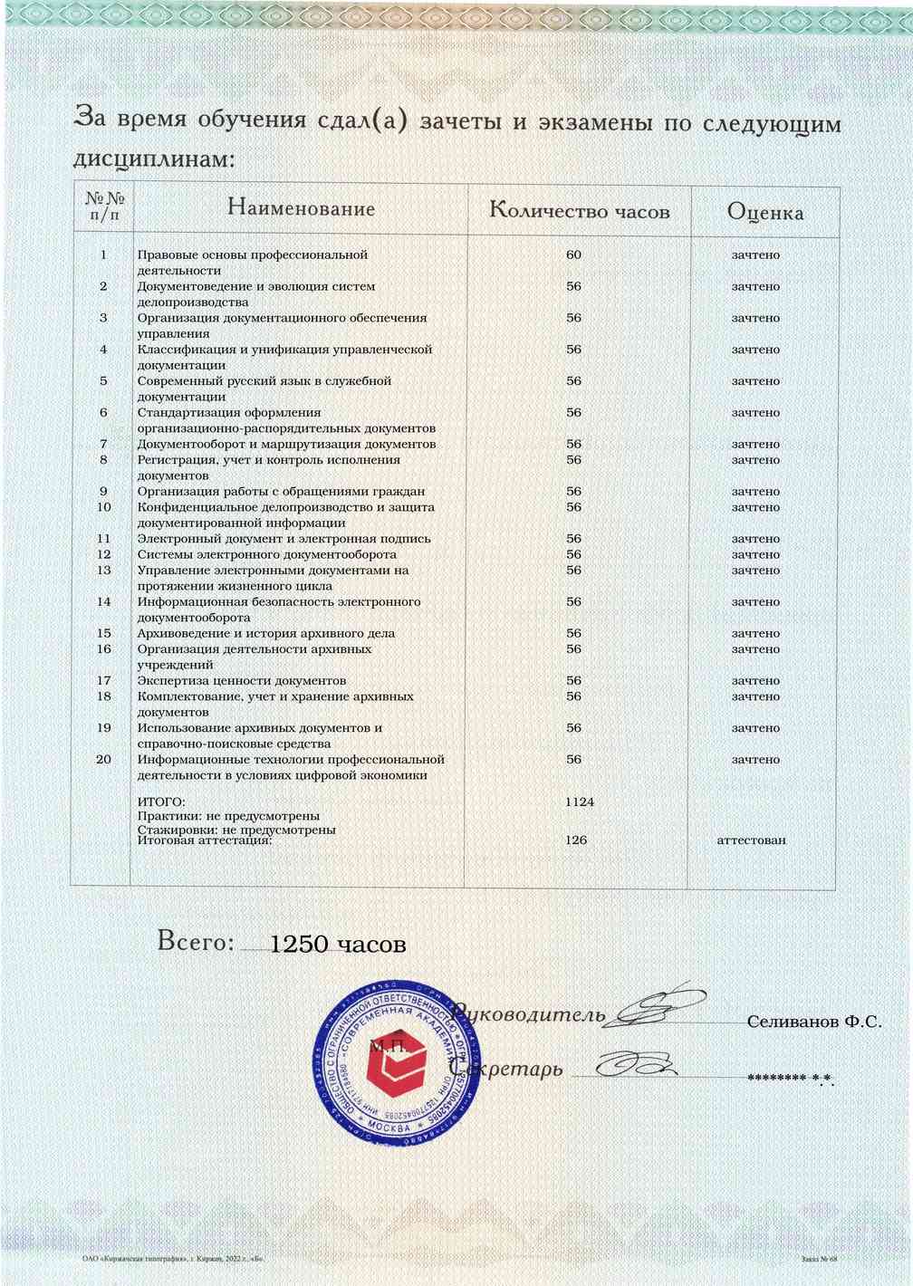 Образец приложения оборотная сторона (аттестационная работа) по программе Электронный документооборот и архивное дело