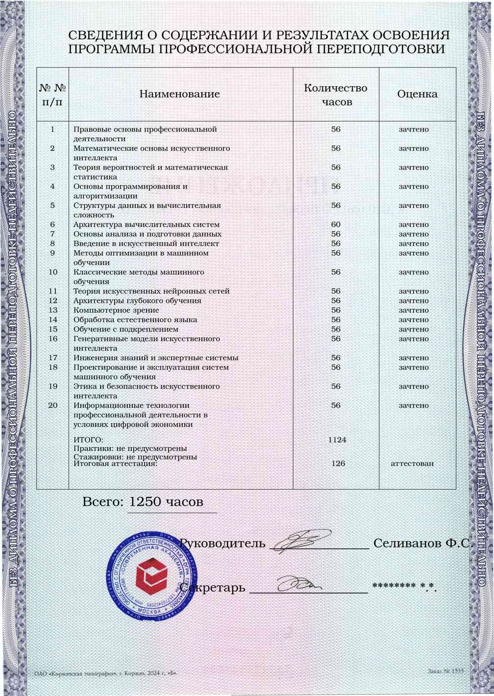 Образец приложения оборотная сторона (итоговое тестирование) по программе Искусственный интеллект и нейронные сети