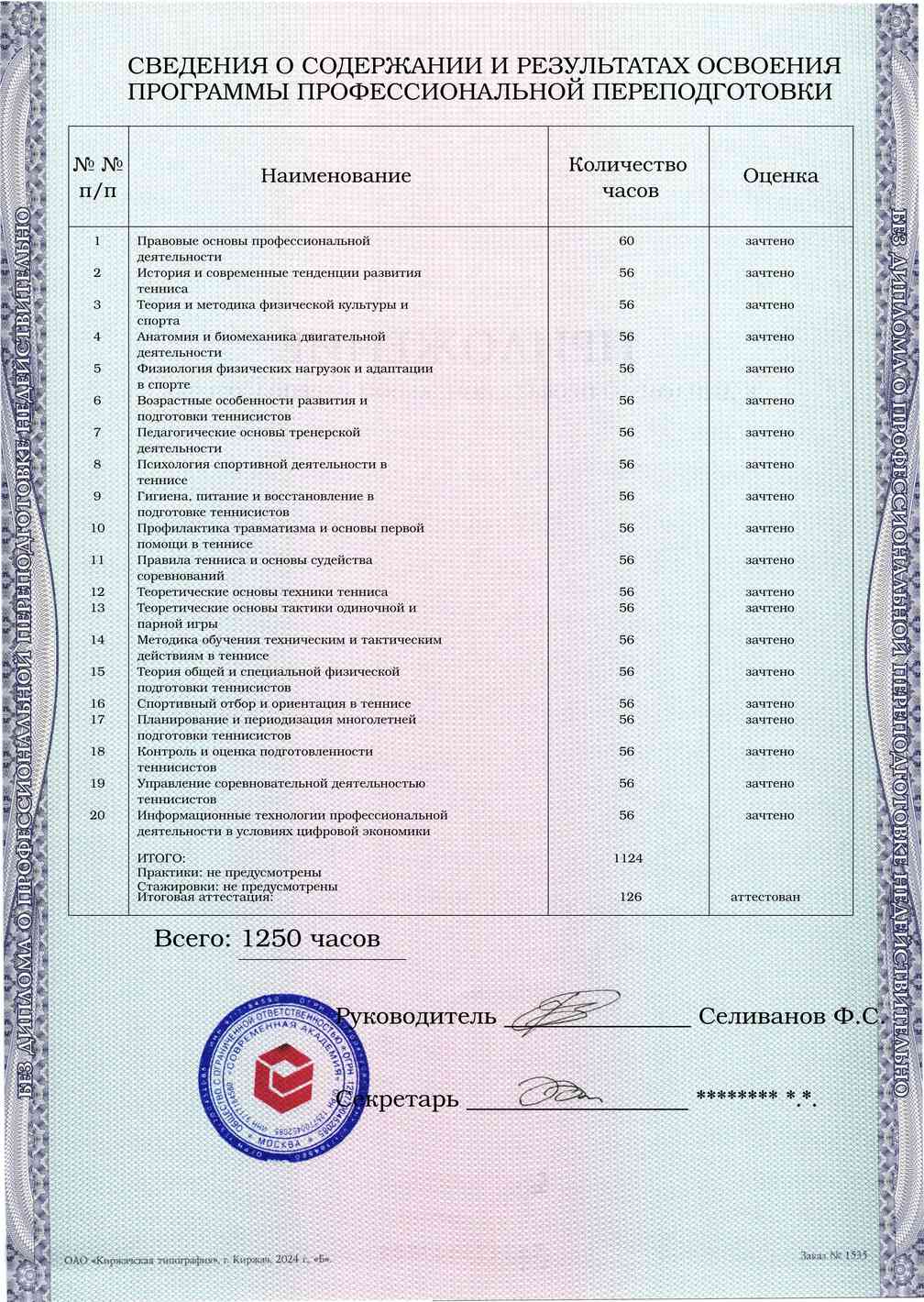 Образец приложения оборотная сторона (итоговое тестирование) по программе Тренер по теннису