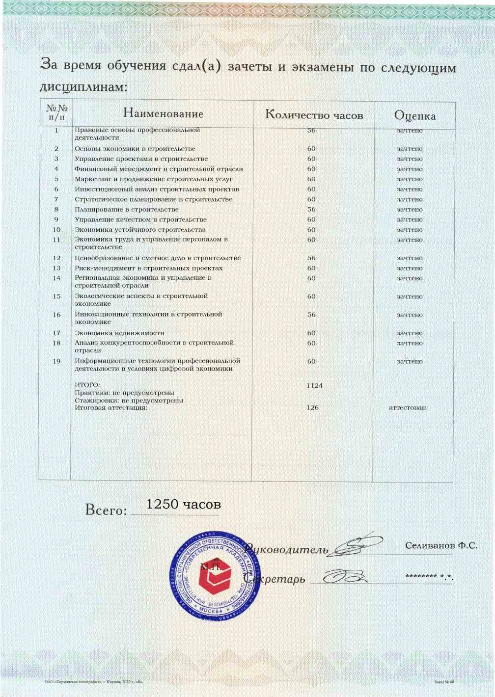 Образец приложения оборотная сторона (аттестационная работа) по программе Экономика и управление в строительстве