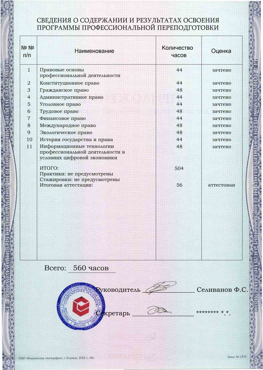 Образец приложения оборотная сторона (итоговое тестирование) по программе Юриспруденция