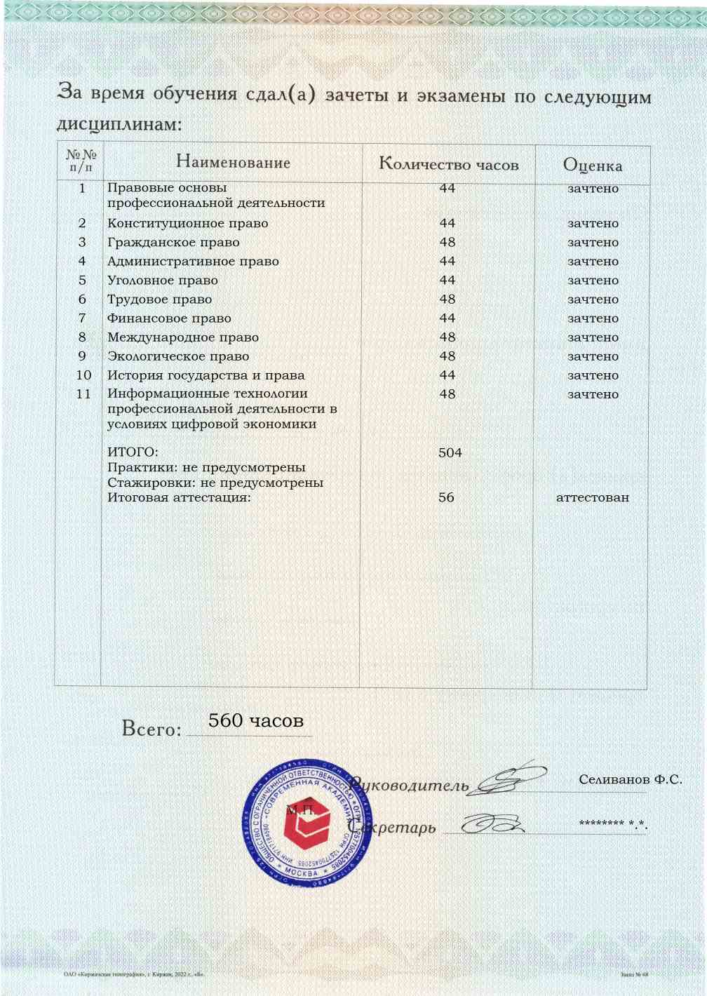 Образец приложения оборотная сторона (аттестационная работа) по программе Юриспруденция