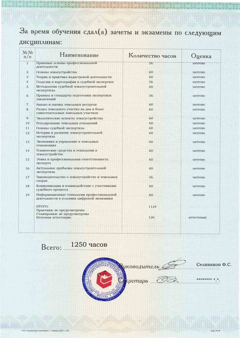 Приложение к диплому, оборотная сторона, Судебная землеустроительная экспертиза