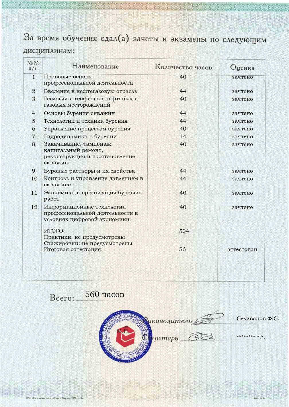 Образец приложения оборотная сторона (аттестационная работа) по программе Бурение нефтяных и газовых скважин