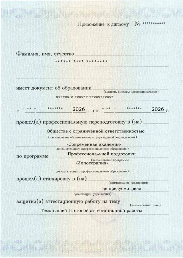 Образец приложения лицевая сторона (аттестационная работа) по программе Иппотерапия