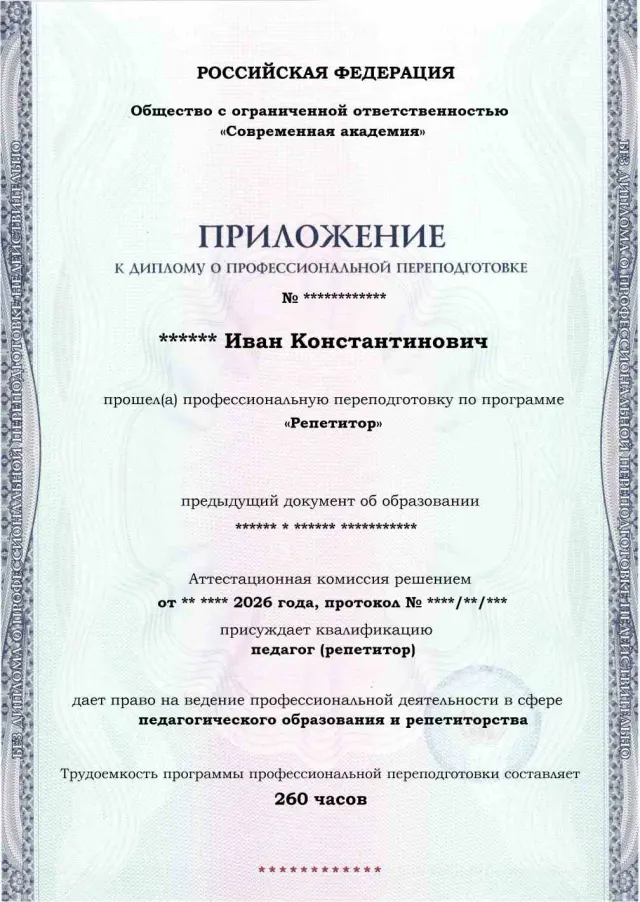 Образец приложения лицевая сторона (итоговое тестирование) по программе Репетитор