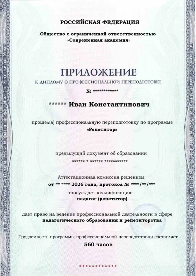 Образец приложения лицевая сторона (итоговое тестирование) по программе Репетитор