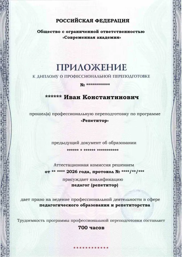 Образец приложения лицевая сторона (итоговое тестирование) по программе Репетитор