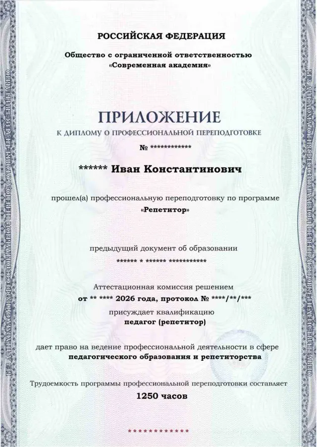 Образец приложения лицевая сторона (итоговое тестирование) по программе Репетитор