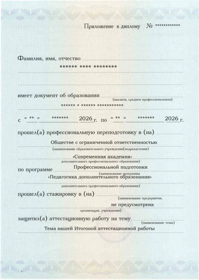 Образец приложения лицевая сторона (аттестационная работа) по программе Педагогика дополнительного образования