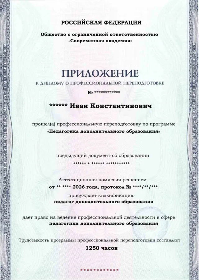 Образец приложения лицевая сторона (итоговое тестирование) по программе Педагогика дополнительного образования