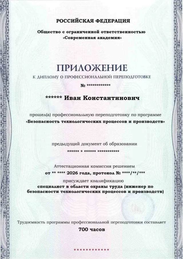 Образец приложения лицевая сторона (итоговое тестирование) по программе Безопасность технологических процессов и производств