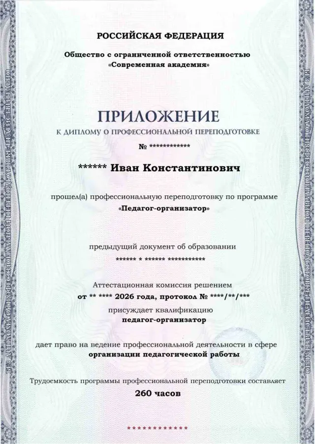 Образец приложения лицевая сторона (итоговое тестирование) по программе Педагог-организатор