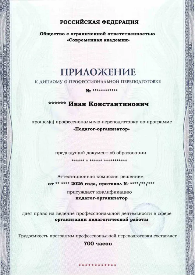 Образец приложения лицевая сторона (итоговое тестирование) по программе Педагог-организатор