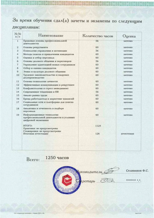 Образец приложения оборотная сторона (аттестационная работа) по программе Специалист по подбору персонала (рекрутер)