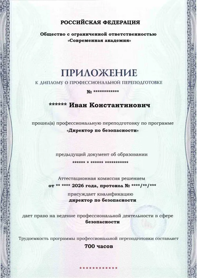 Образец приложения лицевая сторона (итоговое тестирование) по программе Директор по безопасности