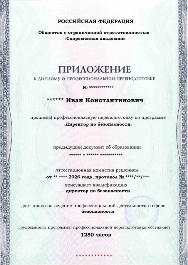 Образец приложения лицевая сторона (итоговое тестирование) по программе Директор по безопасности