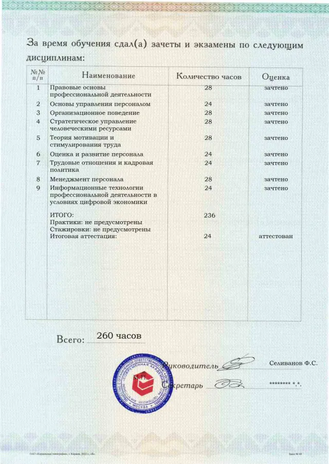 Образец приложения оборотная сторона (аттестационная работа) по программе Директор по персоналу