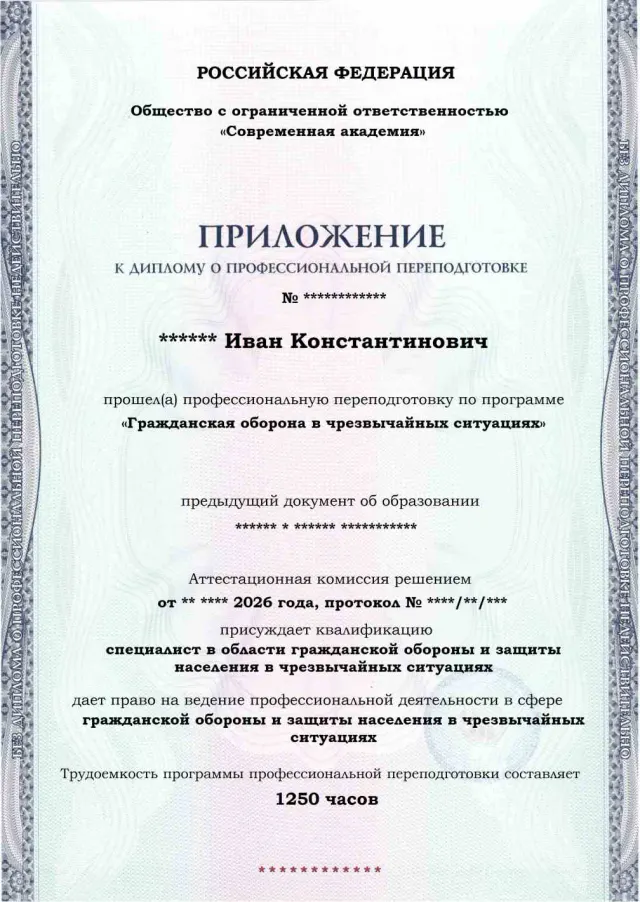 Образец приложения лицевая сторона (итоговое тестирование) по программе Гражданская оборона в чрезвычайных ситуациях