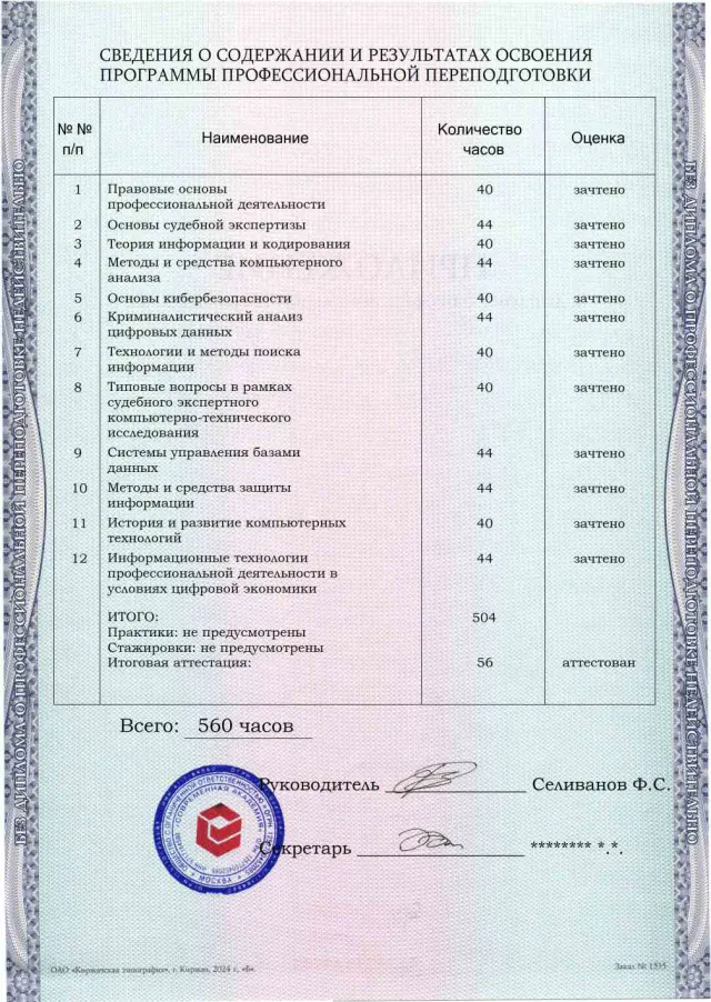 Образец приложения оборотная сторона (итоговое тестирование) по программе Судебная компьютерно-техническая экспертиза