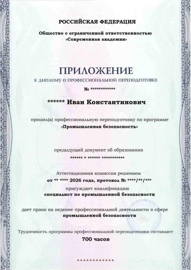 Образец приложения лицевая сторона (итоговое тестирование) по программе Промышленная безопасность