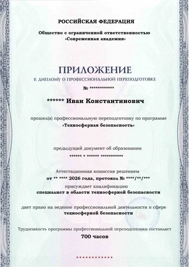 Образец приложения лицевая сторона (итоговое тестирование) по программе Техносферная безопасность