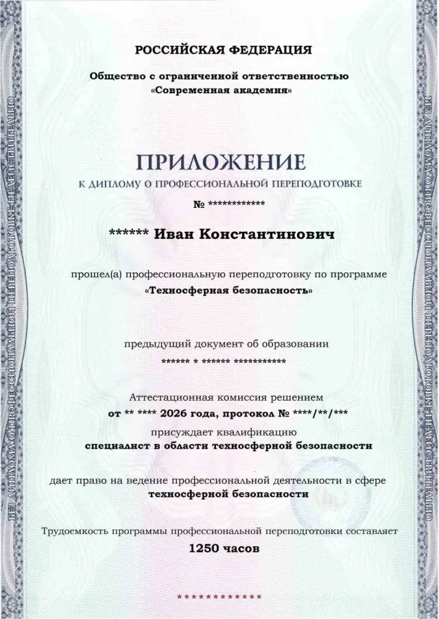Образец приложения лицевая сторона (итоговое тестирование) по программе Техносферная безопасность