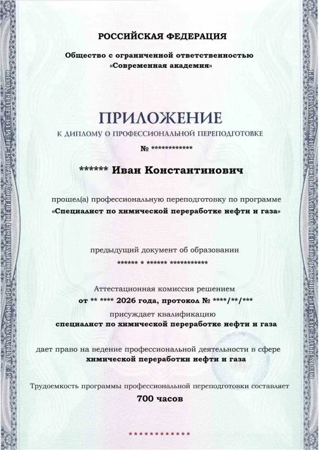 Образец приложения лицевая сторона (итоговое тестирование) по программе Специалист по химической переработке нефти и газа
