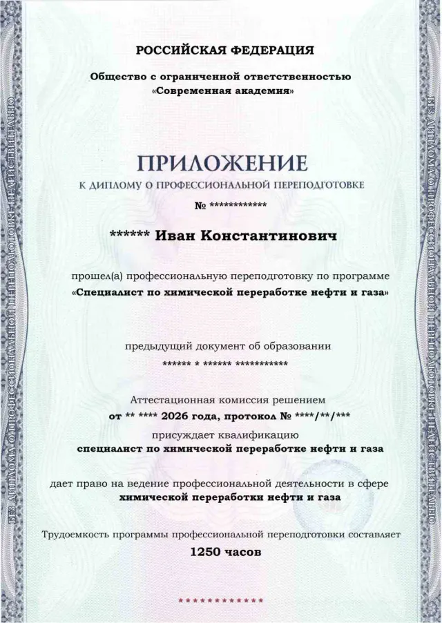 Образец приложения лицевая сторона (итоговое тестирование) по программе Специалист по химической переработке нефти и газа