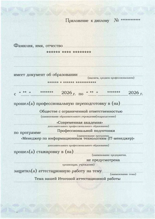 Образец приложения лицевая сторона (аттестационная работа) по программе Менеджер по информационным технологиям (IT-менеджер)