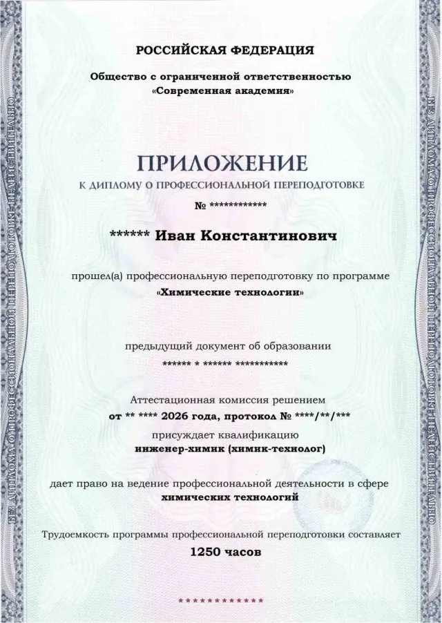 Образец приложения лицевая сторона (итоговое тестирование) по программе Химические технологии