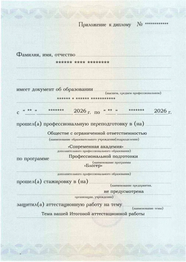 Образец приложения лицевая сторона (аттестационная работа) по программе Блогер