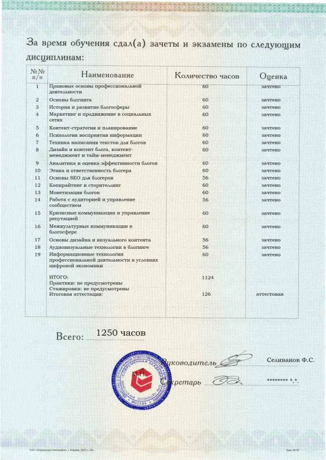 Образец приложения оборотная сторона (аттестационная работа) по программе Блогер