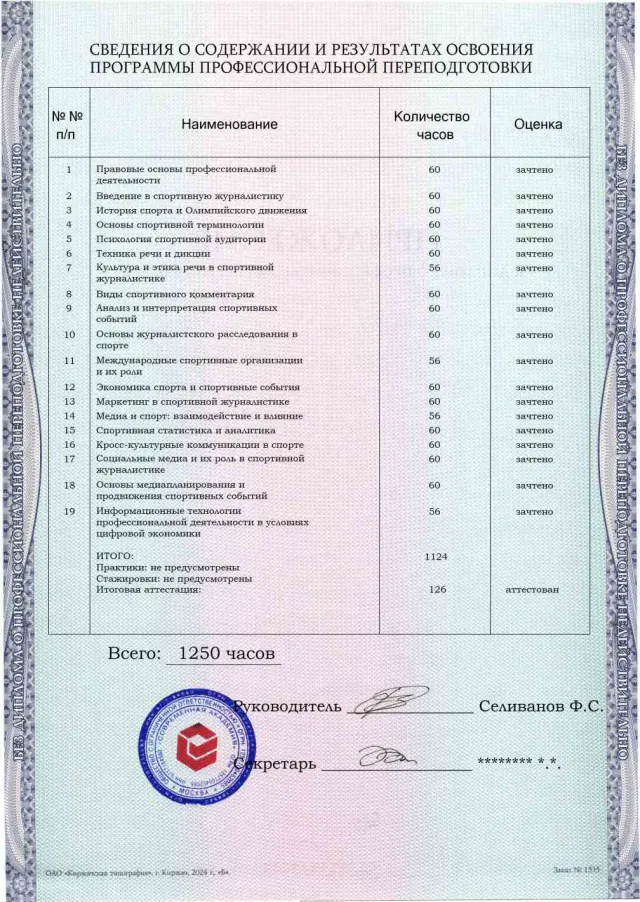 Образец приложения оборотная сторона (итоговое тестирование) по программе Спортивный комментатор