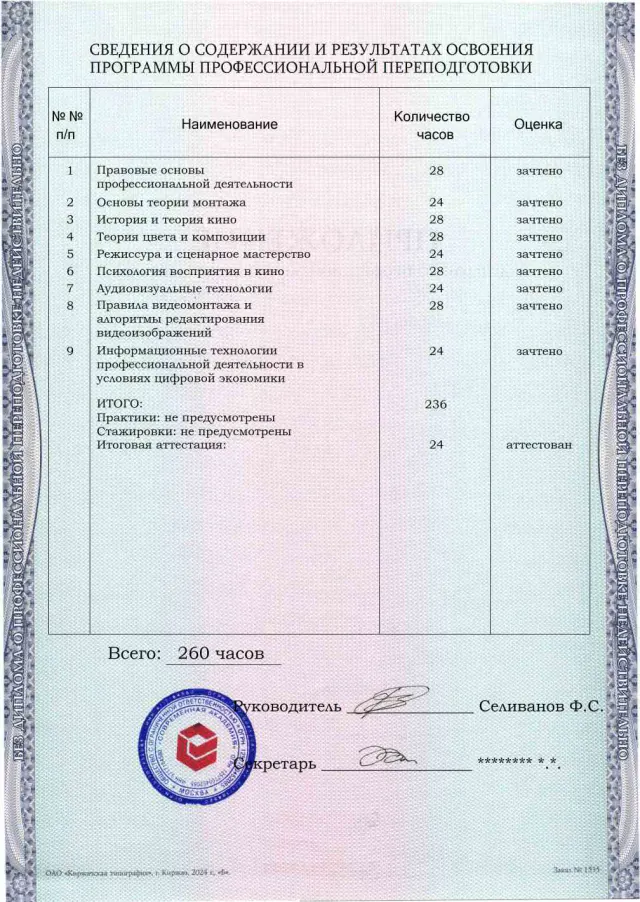 Образец приложения оборотная сторона (итоговое тестирование) по программе Специалист по видеомонтажу