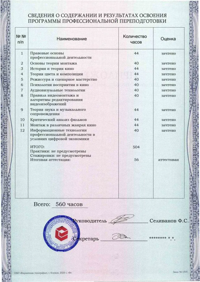 Образец приложения оборотная сторона (итоговое тестирование) по программе Специалист по видеомонтажу
