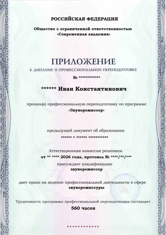 Образец приложения лицевая сторона (итоговое тестирование) по программе Звукорежиссер