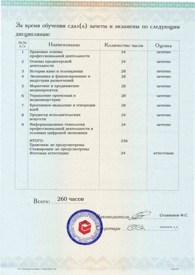 Образец приложения оборотная сторона (аттестационная работа) по программе Продюсер