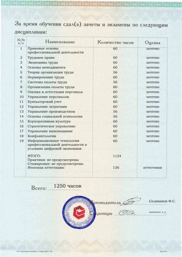 Образец приложения оборотная сторона (аттестационная работа) по программе Нормирование и оплата труда