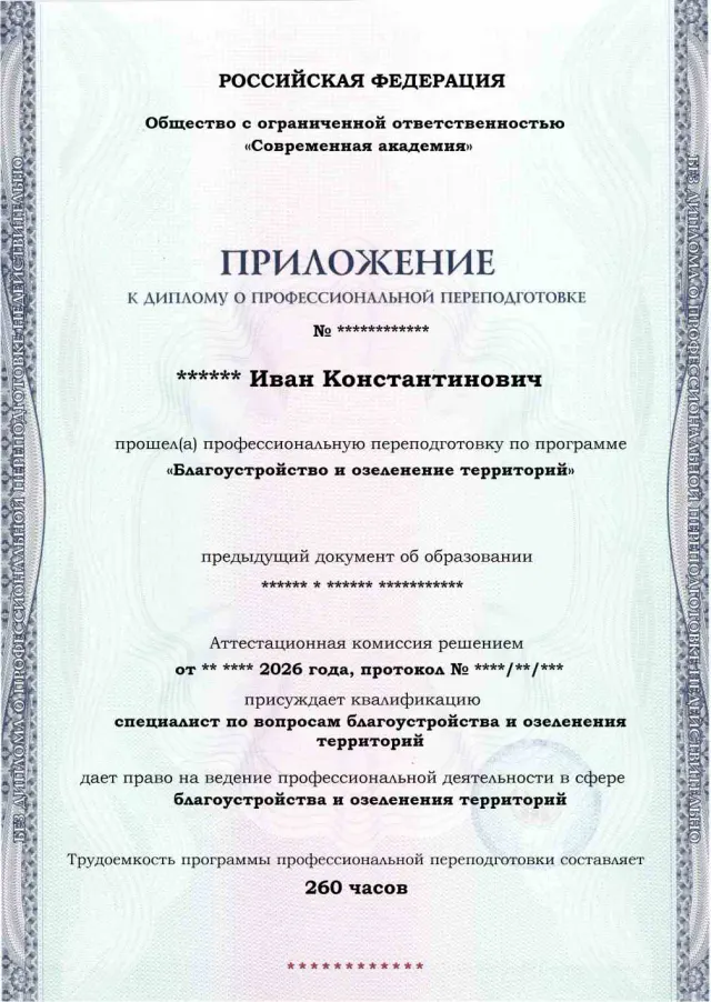 Образец приложения лицевая сторона (итоговое тестирование) по программе Благоустройство и озеленение территорий